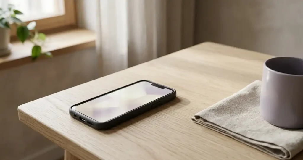 Smarttelefon på träbord med mjuka abstrakta ljusformer på skärmen