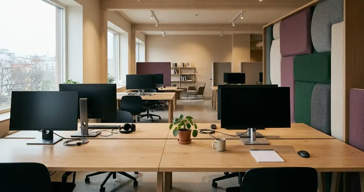 Ljus, tom spelstudio med neutrala bord och mjuk studiobelysning
