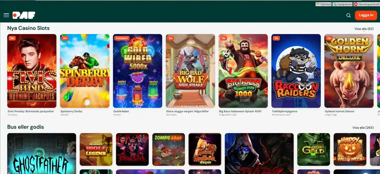 Pafs svenska casinosida med spelkategorier och huvudmeny