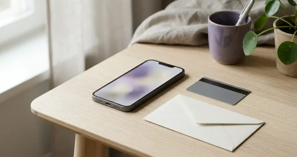 Mobiltelefon bredvid kort och neutrala bankhandlingar på ett träbord
