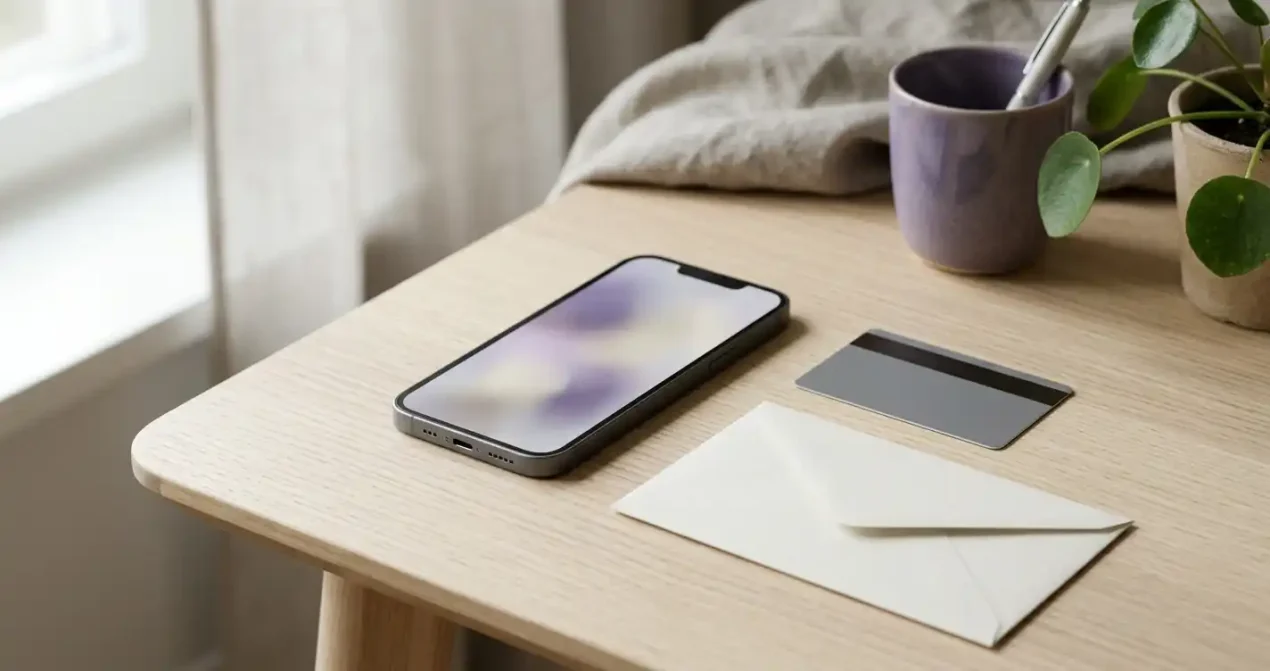 Mobiltelefon bredvid kort och neutrala bankhandlingar på ett träbord