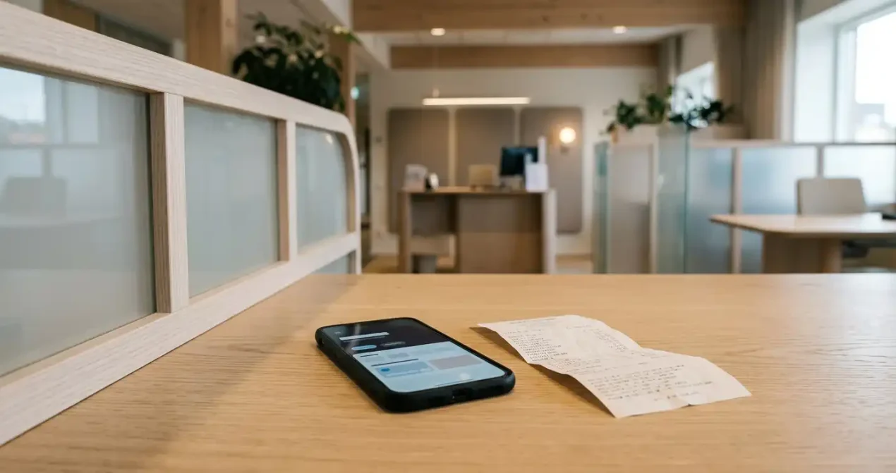 Mobiltelefon och neutralt bankkvitto vid en bankdisk